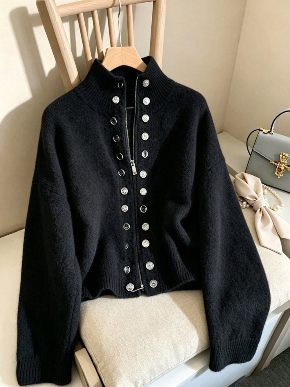 Black Casual Women's Knitted High Neck Long Sleeve Ribbed Cardigan